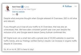 A screenshot of a LinkedIn post from Neil Patel about Google AI Overviews and the future of search