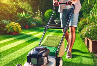 Un jardinier tondant une pelouse bien entretenue avec une tondeuse à gazon