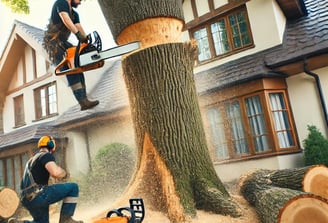 Un arbre dangereux en cours d’abattage, coupé en sections par des arboristes équipés de tronçonneuse