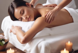 Hands performing a massage on a person's back, applying pressure to specific points. The setting is bright and calming, with soft focus creating a tranquil atmosphere.