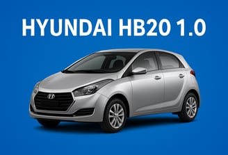 Hyundai HB20 1.0 prata visto de frente lateral, em fundo azul com visual limpo e moderno.