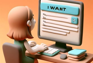 a cartoonish character sitting at a computer desk