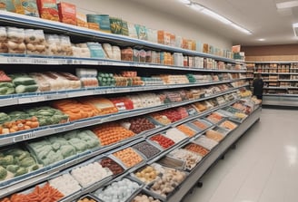A spacious warehouse aisle flanked by tall shelves filled with various types of boxed goods and merchandise. The aisle has a concrete floor and is illuminated by bright overhead lighting. A large price sign is visible in the distance, indicating an organized retail or storage space.