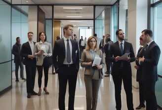A modern, dimly lit interior with a sleek design dominated by large, criss-crossing ceiling lights. The reception area features a desk with red flowers and several people behind it. Large windows on the side let in some natural light, and the atmosphere is professional.
