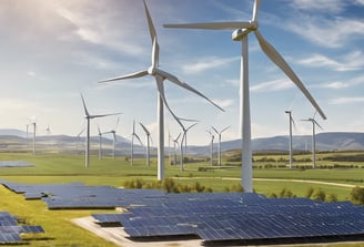 Several wind turbines stand atop a green hill, surrounded by a clear sky filled with clouds. The turbines are evenly spaced and exhibit modern engineering with metal support structures, contributing to a clean energy landscape.