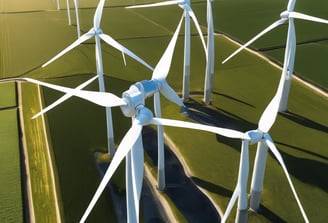 Several wind turbines stand atop a green hill, surrounded by a clear sky filled with clouds. The turbines are evenly spaced and exhibit modern engineering with metal support structures, contributing to a clean energy landscape.
