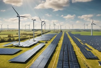 Several wind turbines stand atop a green hill, surrounded by a clear sky filled with clouds. The turbines are evenly spaced and exhibit modern engineering with metal support structures, contributing to a clean energy landscape.