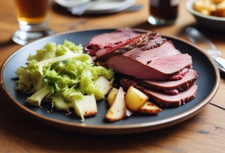 Hose-cured salt beef with duck fat roasties, braised savoy cabbage and house mustard.