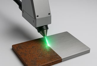 Laser cleaning machine removing rust from a metal plate, showing before and after effect – InterGemm