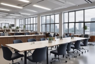 A bright and minimalist home office with a large window letting in natural light. The focal point is a computer with 'Do More' displayed on the screen, accompanied by various desk accessories like a lamp, potted plants, notebooks, and an office chair.