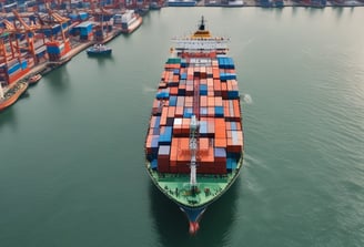 A large cargo ship is moving across a body of water, loaded with multicolored shipping containers. In the foreground, a wooden dock and some vibrant orange and green plants add a splash of color. The sky is overcast with a mix of gray clouds and a golden sunset.