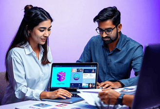 This image about 2 employee who are representing logo designs