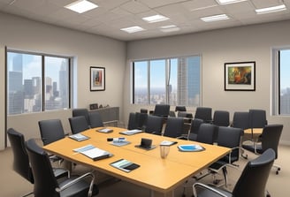 A group of five individuals are in a conference room engaging in a meeting. Four people are seated at a table with laptops and notebooks in front of them, while one person is standing and pointing at a projection on the wall displaying various company logos.