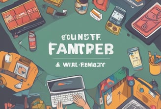 A black card with the word 'Thanks!' in white script is placed on a reflective surface. Surrounding it are various items including a brown envelope with handwritten information and a card with abstract designs featuring warm colors.