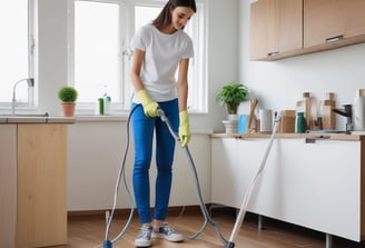 Three bottles of Earth Choice cleaning products are lined up on a wooden surface. The bottles have liquid inside and feature colorful labels with natural imagery like lemons and flowers. Each bottle is topped with a white cap, and the background is a solid teal color.