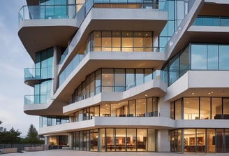 A black and white architectural photograph featuring a modern building with a curved facade. The facade has a repetitive pattern of alternating balconies and rectangular windows, creating a sense of rhythm and movement. The shadows and light create a dramatic contrast, highlighting the texture and design of the building.