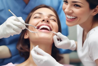 A dental professional wearing a face mask examines a product brochure. The background contains various dental care products including mouthwash and toothpaste packaging placed on a counter. The setting appears to be a dental clinic with a dental chair visible.