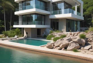 A construction site covered with blue scaffolding is visible. Several signs and banners advertising construction companies and services are attached to the scaffolding. There are details indicating restoration work being done, including contact information and project descriptions.