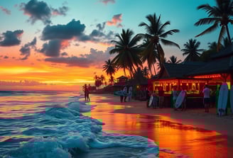 a beach with people standing on the sand