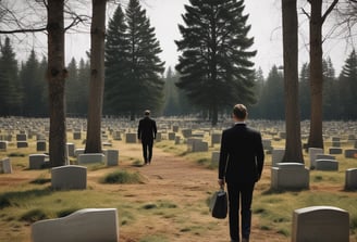 im hintergrund ist ein wald friedhof zu sehen. ein mann in einem schwarzen anzug und einer mappe