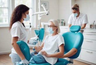 a woman is getting her teeth brushed with a dental mirror