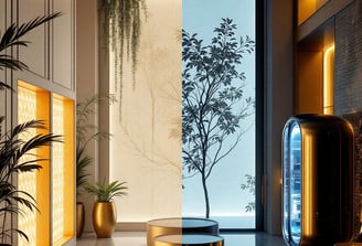 a living room with a large window and a tree