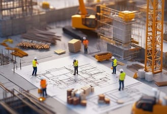 a group of construction workers standing in front of a building