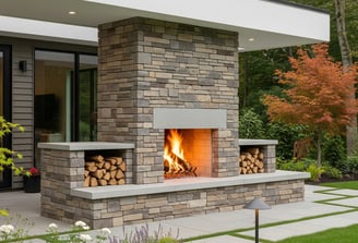 a fireplace with a fire place in the middle of a patio
