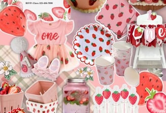 mood board for strawberry theme birthday party