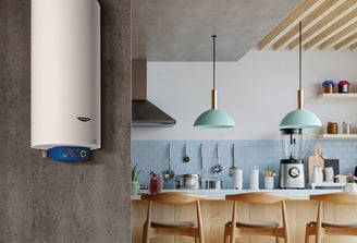 a modern looking kitchen with a white tankless water heater