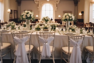 An elegantly decorated event hall with round tables covered in white tablecloths and red accents, such as chair bows and floral table centerpieces. The room has draped curtains and wooden beams, with stage lighting in the background.