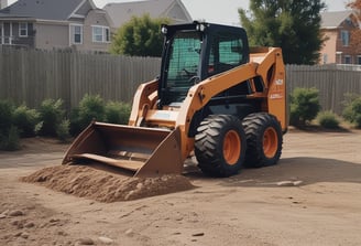 A large-scale construction site set in a partially cleared forest area, featuring winding dirt roads and an array of heavy machinery. The landscape is dominated by red-brown earth, with a linear structure running horizontally across the scene and several clusters of construction material.