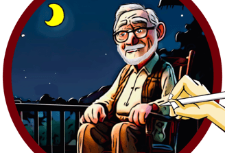 Cartoon picture of old storyteller sitting on his front porch under the evening moon.