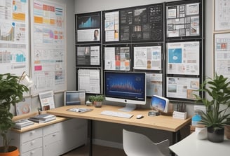 A woman with long hair is writing on a whiteboard. She is using sticky notes and markers to organize and plan a strategy. The board has various handwritten notes and symbols related to marketing and digital education.