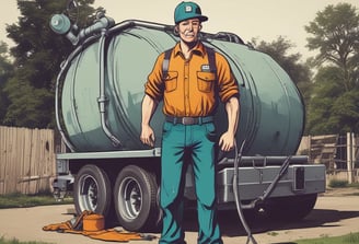 A sanitation worker wearing an orange uniform and hat stands next to a garbage truck and several trash bins. The truck and bins are situated in an urban area, possibly near shops or eateries, as a sign for a food place is visible in the background. The atmosphere appears overcast.