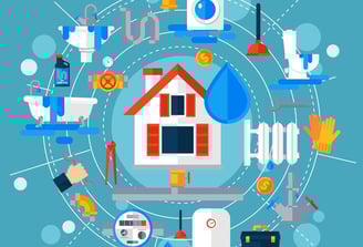 Illustration d'une maison entourée d'icônes représentant diverses tâches domestiques.