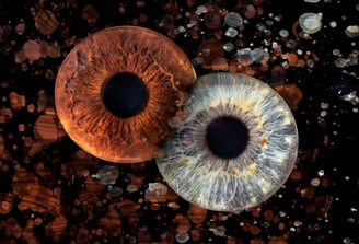 Un iris marron et un iris bleu entrelacés sur fond noir avec paillettes