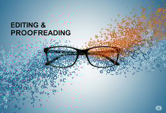 a pair of glasses with letters spelling out the words editing and proof reading