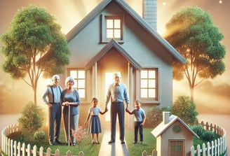 a family standing in front of a house