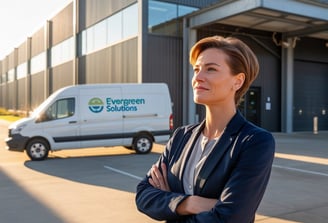 Mujer empresaria segura frente a nave industrial, reflejando liderazgo y visión.