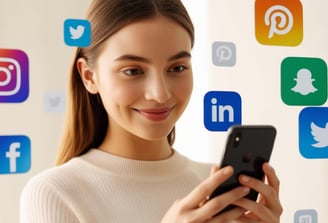 A picture of a young lady holding her iPhone and smiling as she uses social media and social media icons float around her he 