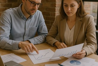 A man and woman in business casual attire sit in a brick-walled office reviewing printed charts and