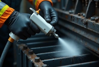 Close-up action shot of an industrial worker's hands cleaning equipment with a dry ice blasting gun.