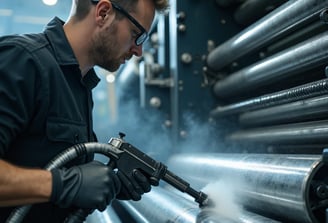 Industrial technician cleaning a large printing press or roller machine using dry ice blasting.