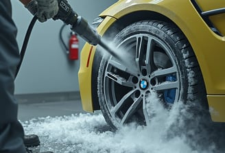 Automotive technician wearing protective respirator mask cleaning a BMW car wheel usin