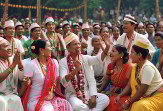 A large crowd gathers by the riverside, participating in a colorful cultural festival. People are dressed in traditional attire, and prominently displayed are intricately designed statues with vibrant colors and elaborate embellishments of a goddess figure. The atmosphere appears festive and spiritual, with many attendees actively engaging and perhaps performing religious rituals.
