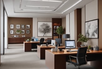 A modern and bright home office with white walls and ceiling lights. There are two desks with office chairs, one of which is facing a computer on the desk. The room features a skylight, allowing natural light to flood in. There is a large flat-screen TV mounted on the wall, a black and brown rug on the floor, and a tall green plant in the corner. The overall space appears clean and organized.