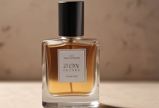 A clear glass perfume bottle with gold accents sits atop smooth, white, rounded stones. Delicate dried flowers are positioned to the right, adding a natural element against the minimalist white background. The bottle is labeled with elegant script.