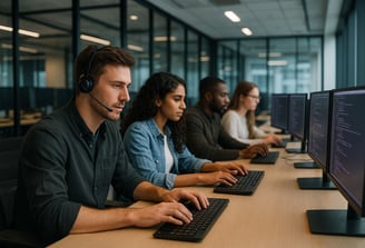 a man in a headset is sitting at a desk with a computer monitor and