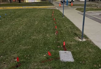 Utility flags and paint marking the location of an underground utility to an inground utility box.